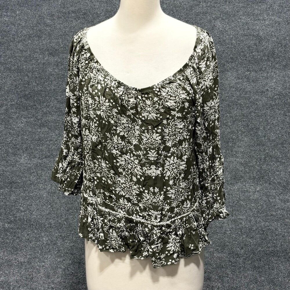 Democracy Blouse Womens Large Green Floral Off Shoulder 3/4 Bell Sleeve Ruffle